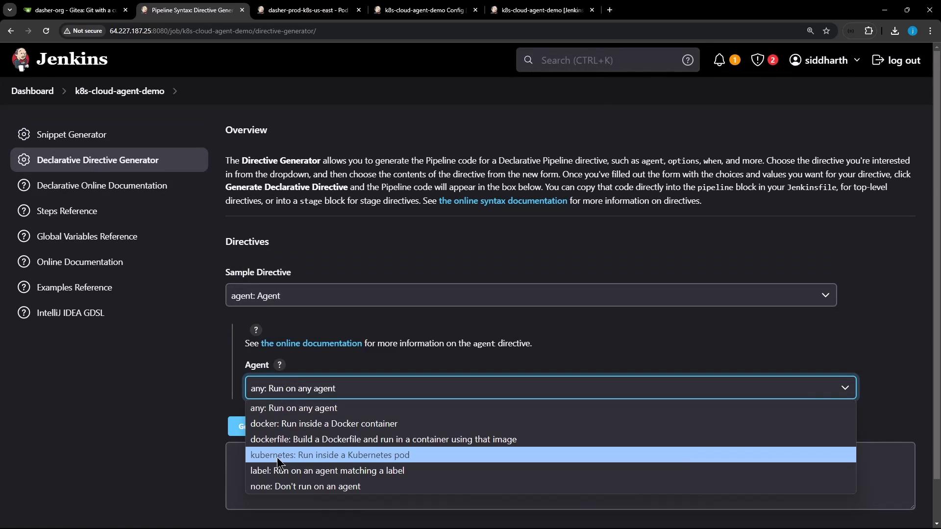 The image shows a Jenkins interface with the "Declarative Directive Generator" open, allowing users to generate pipeline code. A dropdown menu is visible, offering options for running agents, including Docker and Kubernetes.