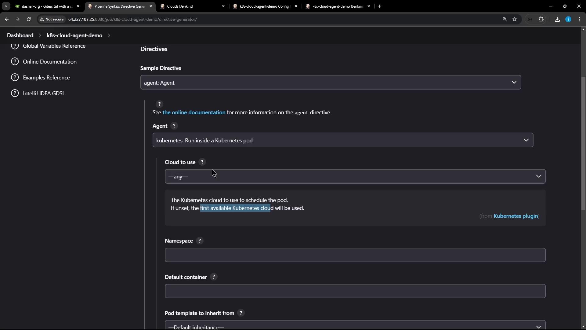 The image shows a Jenkins configuration interface for setting up a Kubernetes agent, with options for selecting the cloud, namespace, and default container.
