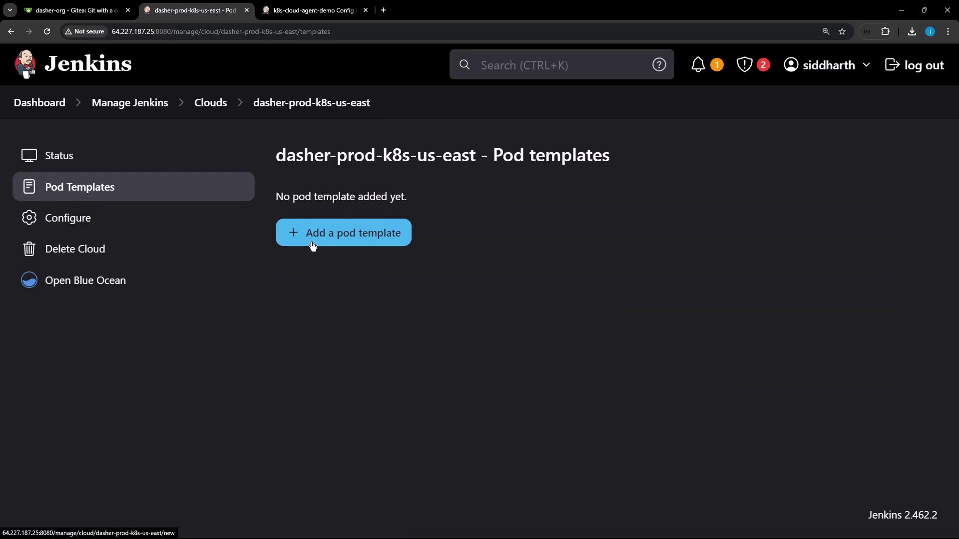 The image shows a Jenkins interface for managing pod templates, with an option to add a new pod template.