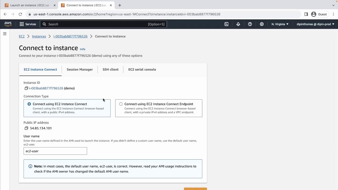 The image shows an AWS EC2 console interface for connecting to an instance, with options for connection type and details like instance ID and public IP address.