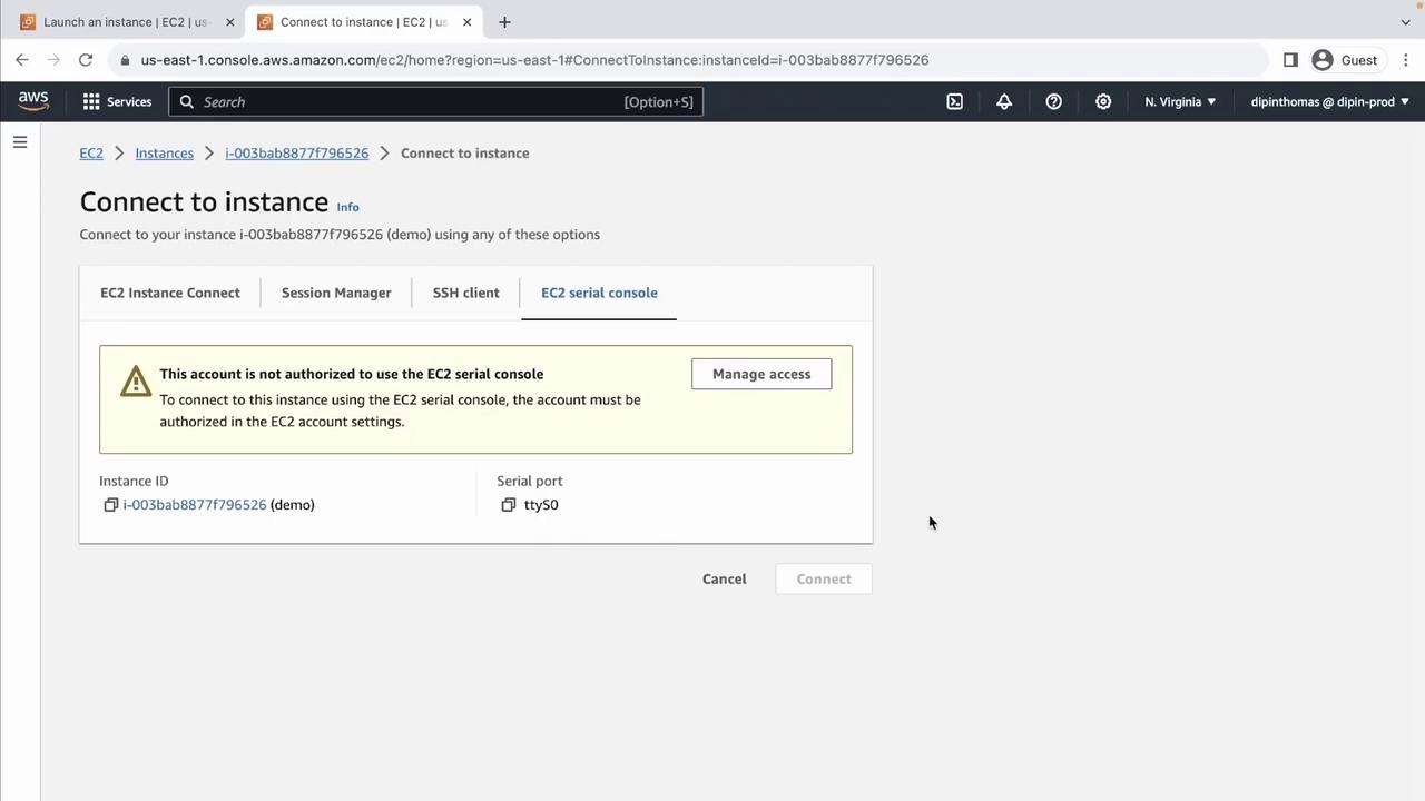 The image shows an AWS EC2 console screen with a message indicating that the account is not authorized to use the EC2 serial console. There are options for connecting to an instance using different methods.