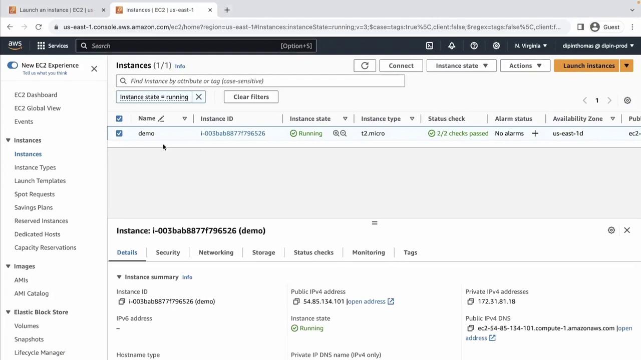 The image shows an AWS EC2 management console with a running instance named "demo," displaying details like instance ID, type, and IP addresses.