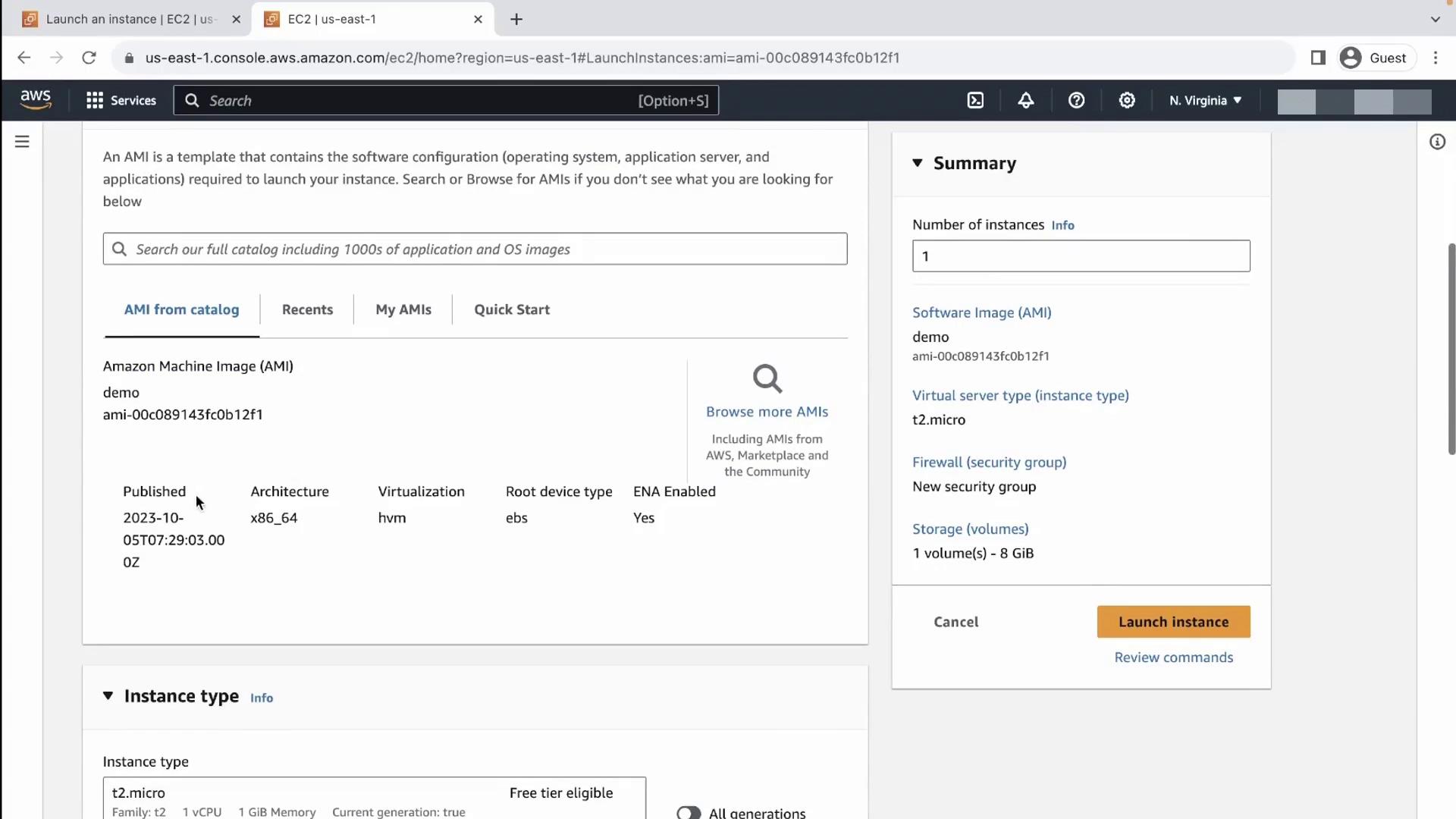 The image shows an AWS EC2 console interface for launching an instance, displaying details about an Amazon Machine Image (AMI) and instance configuration options.
