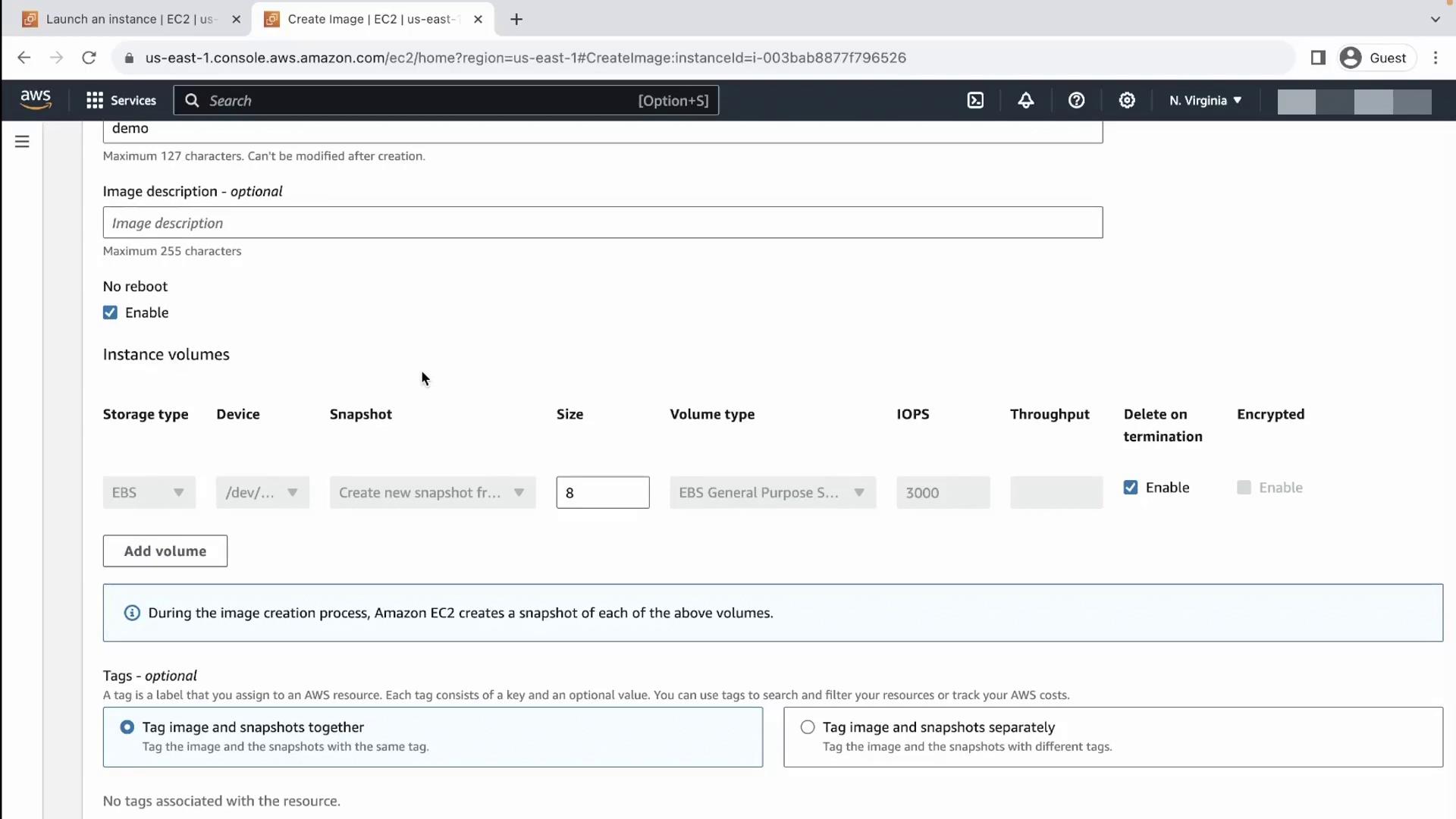 The image shows an AWS EC2 console screen for creating an image, with options for instance volumes, storage type, and tagging.