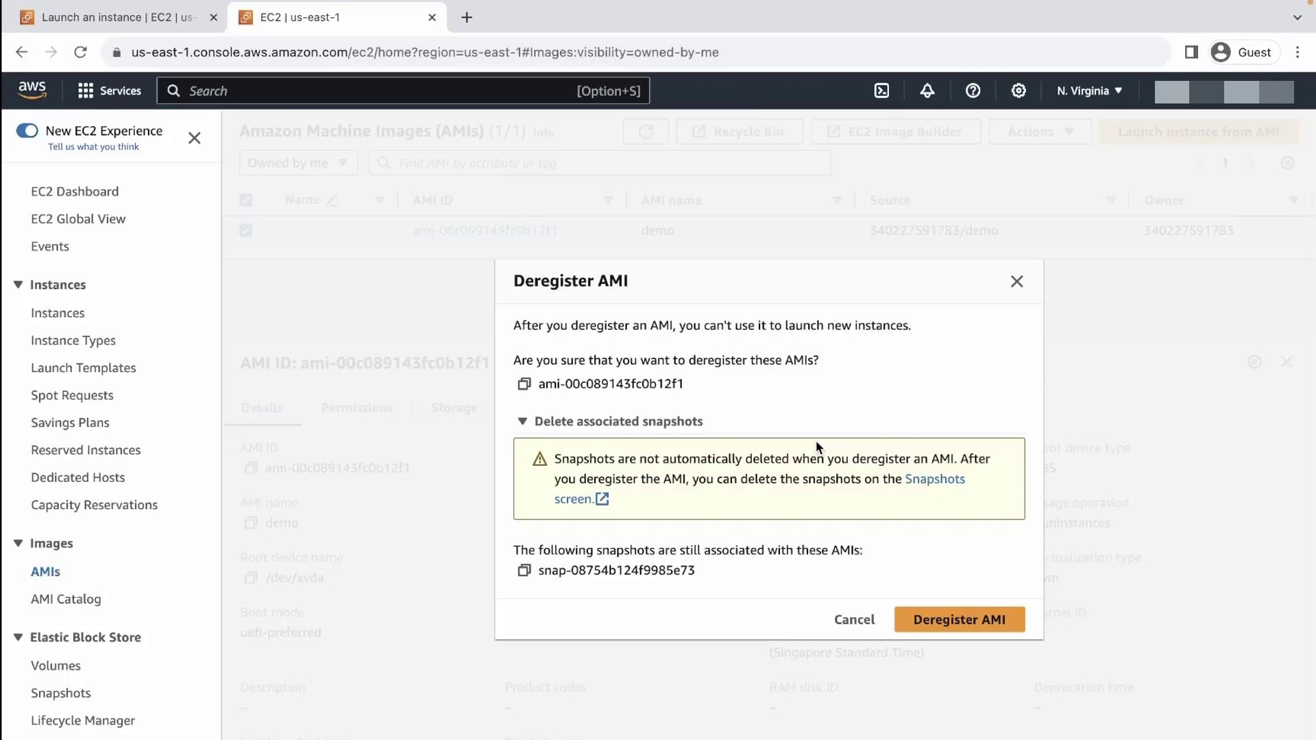 The image shows an AWS EC2 console with a pop-up window for deregistering an AMI. It includes a warning about snapshots not being automatically deleted when deregistering the AMI.