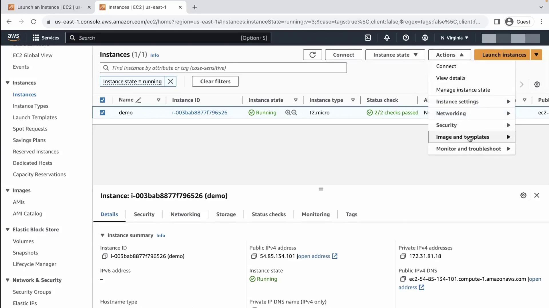 The image shows an AWS EC2 management console with a running instance named "demo," displaying details like instance ID, type, and IP addresses.