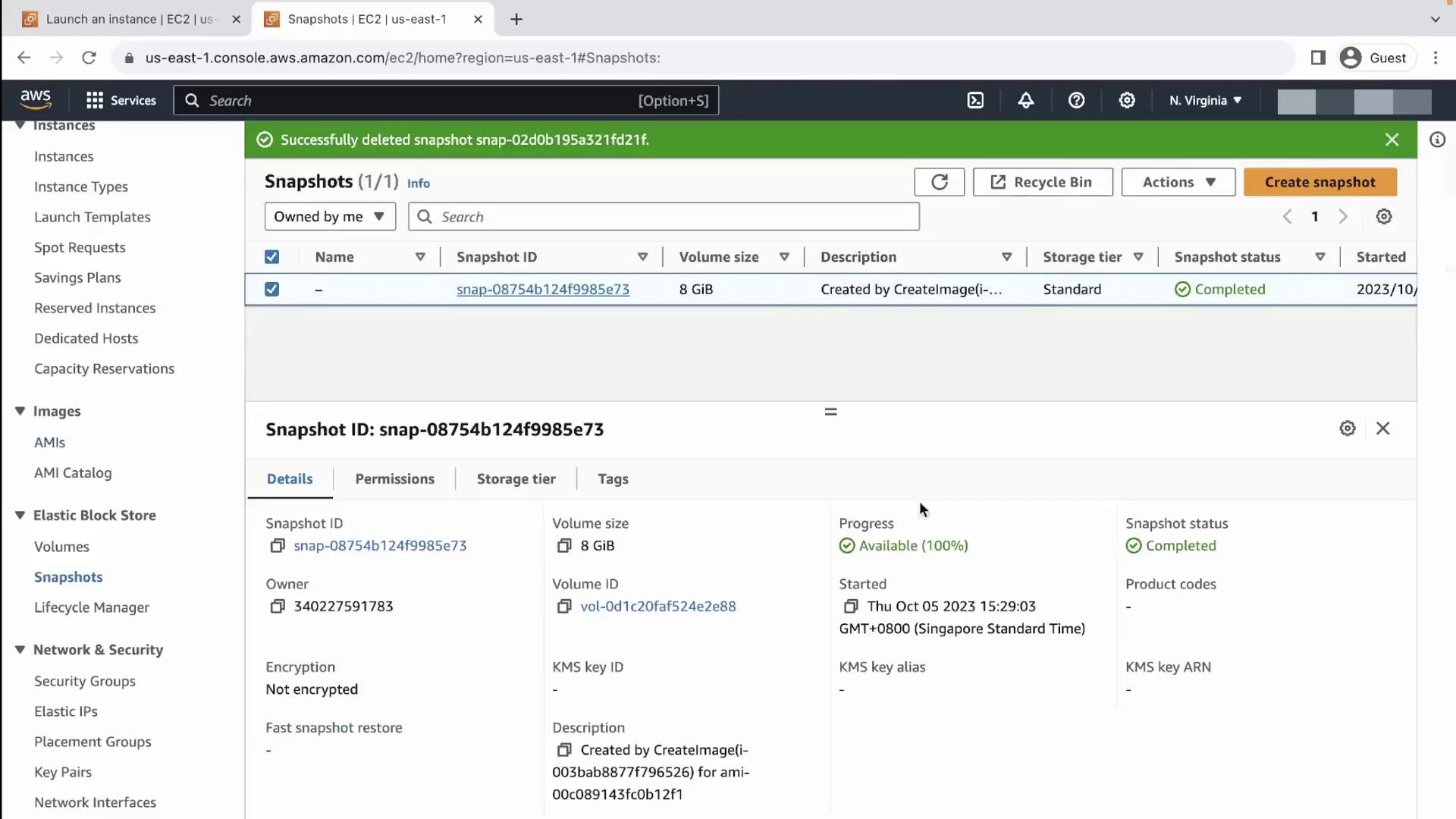 The image shows an AWS EC2 console displaying details of a snapshot, including its ID, volume size, and status. The snapshot is completed and available, with additional metadata shown below.