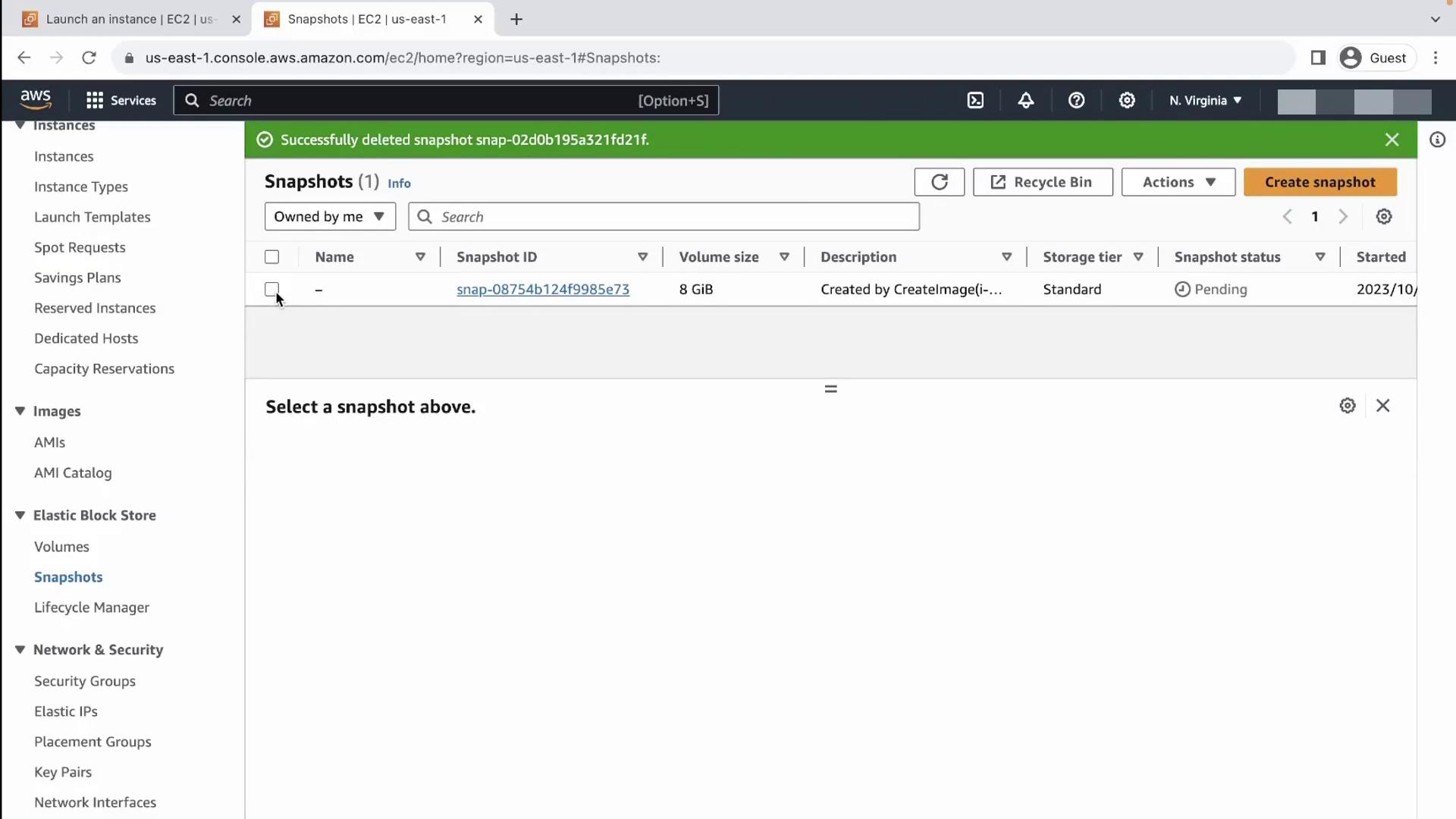 The image shows an AWS EC2 console displaying a list of snapshots, with one snapshot having a status of "Pending." The interface includes options for managing snapshots and other AWS services.