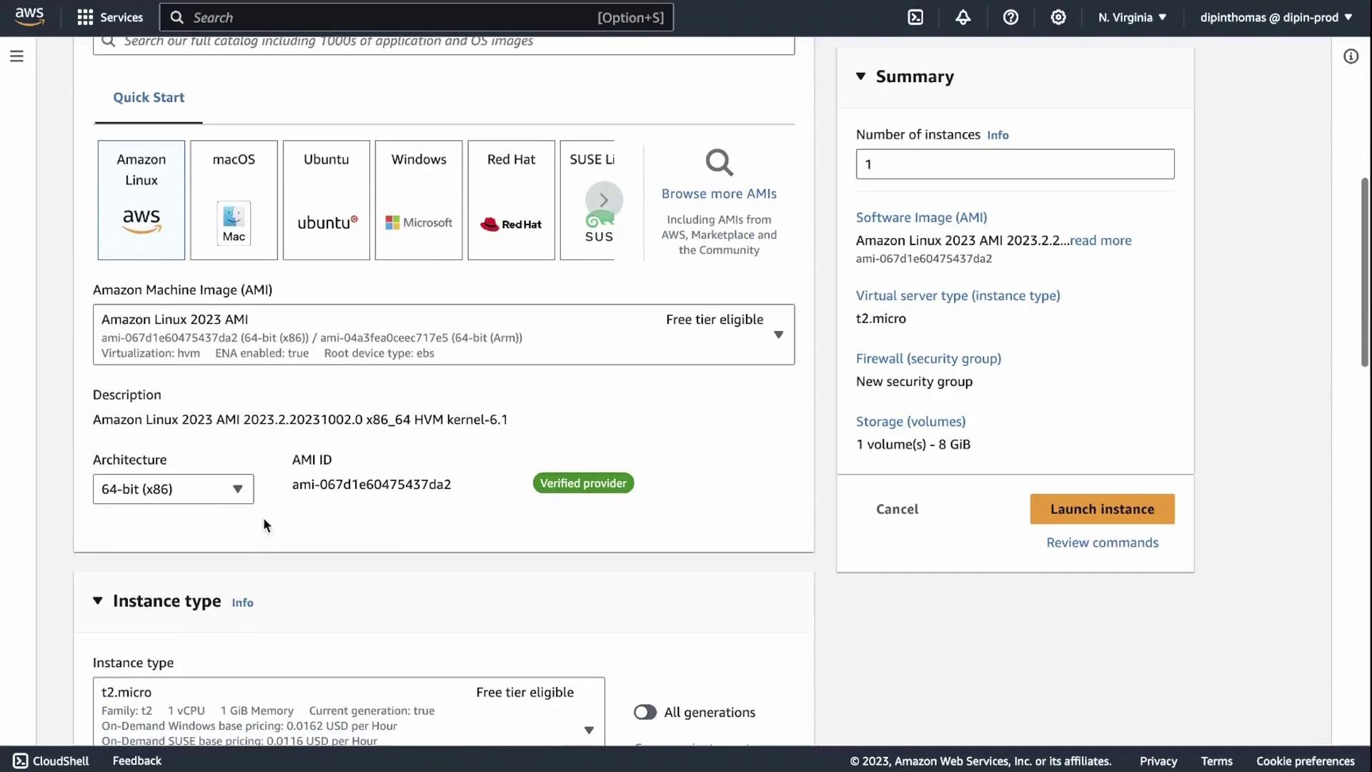 The image shows an AWS console interface for launching an EC2 instance, with options for selecting an Amazon Machine Image (AMI) and instance type. The selected AMI is Amazon Linux 2023, and the instance type is t2.micro.