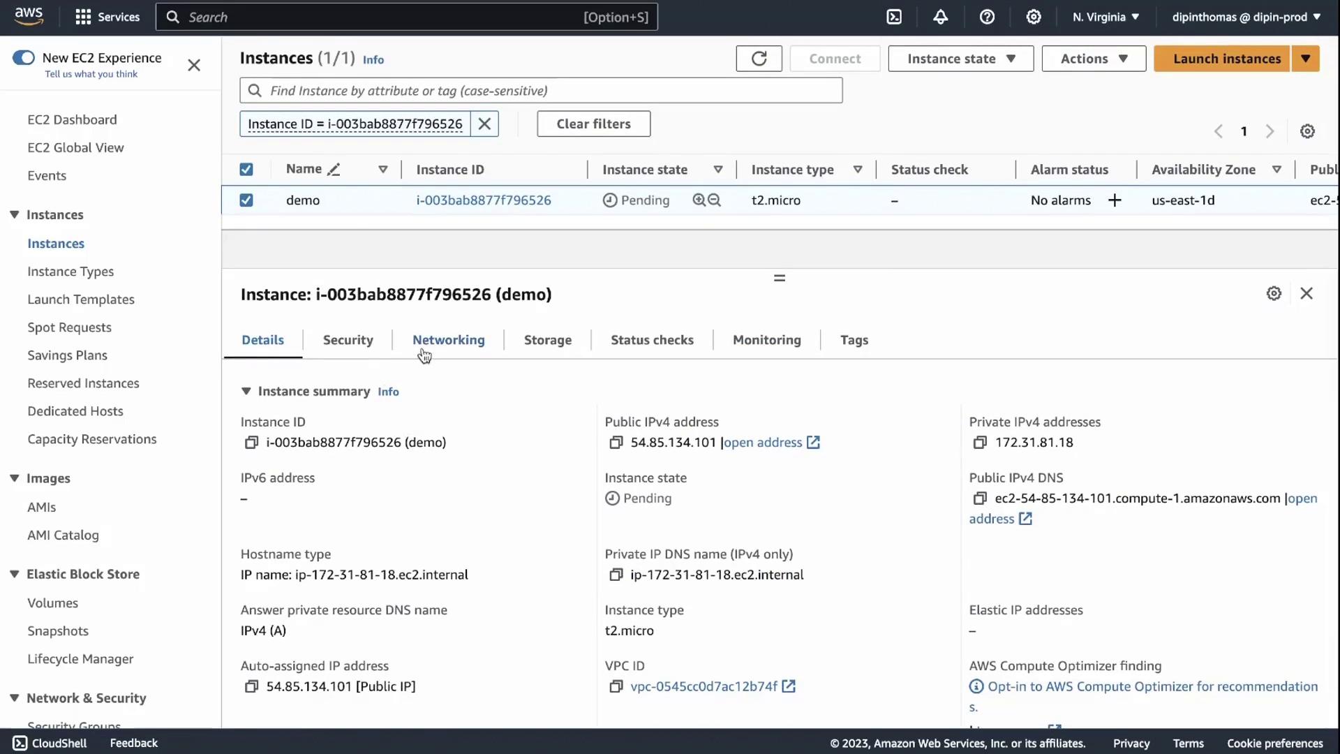 The image shows an AWS EC2 management console displaying details of an instance with ID i-003bab8877f796526, which is in a pending state and of type t2.micro.