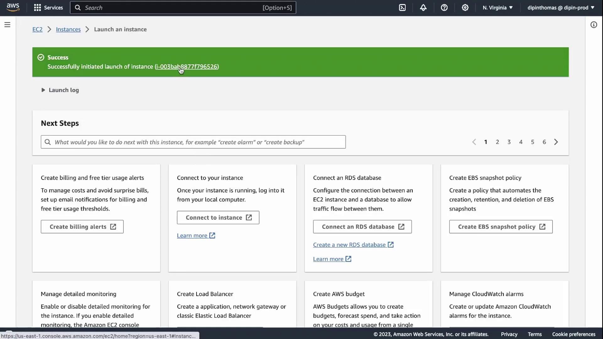 The image shows an AWS EC2 console with a success message indicating the successful launch of an instance. Below, there are options for next steps, such as creating billing alerts and connecting to the instance.