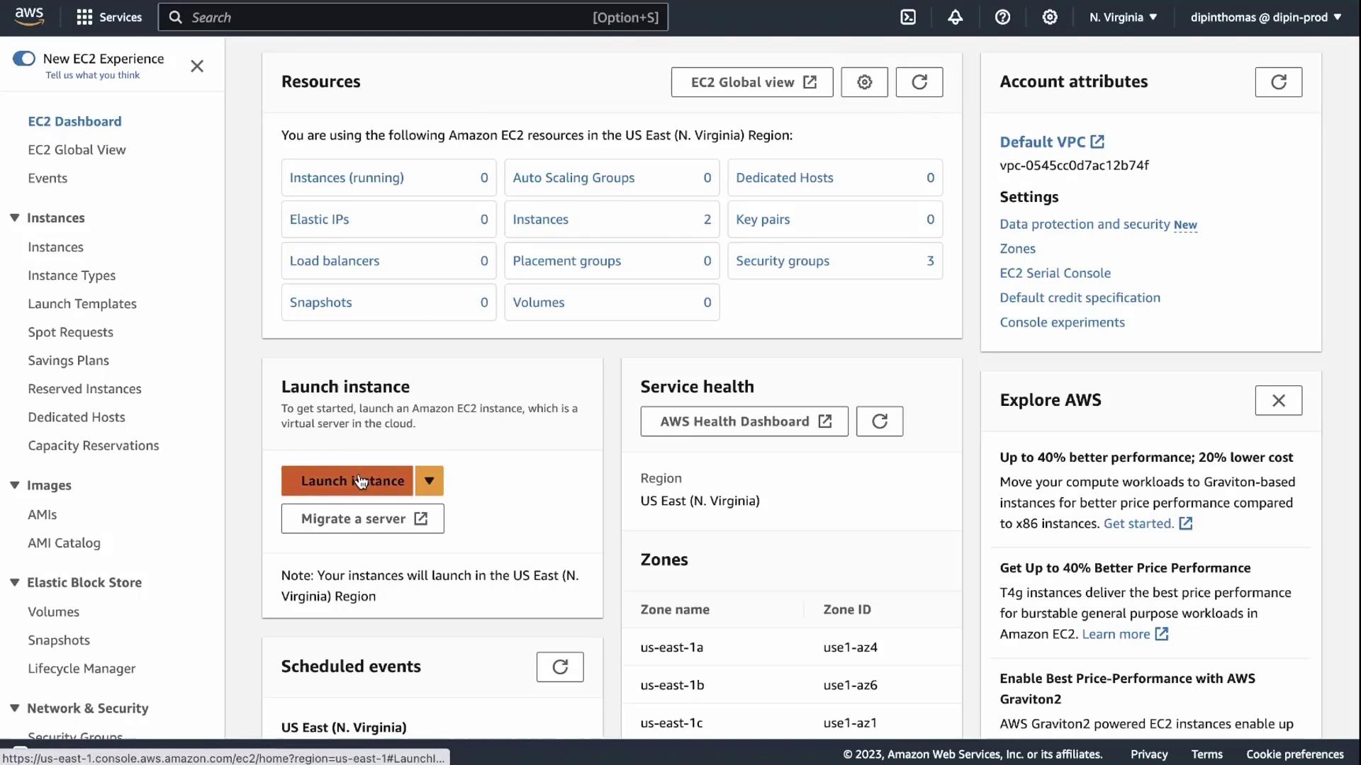 The image shows the AWS EC2 dashboard, displaying options for managing instances, resources, and account settings in the US East (N. Virginia) region. It includes sections for launching instances, service health, and exploring AWS features.