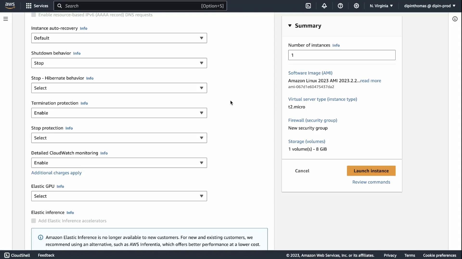 The image shows an AWS EC2 instance configuration page, with options for instance settings and a summary section on the right. The "Launch instance" button is visible at the bottom.
