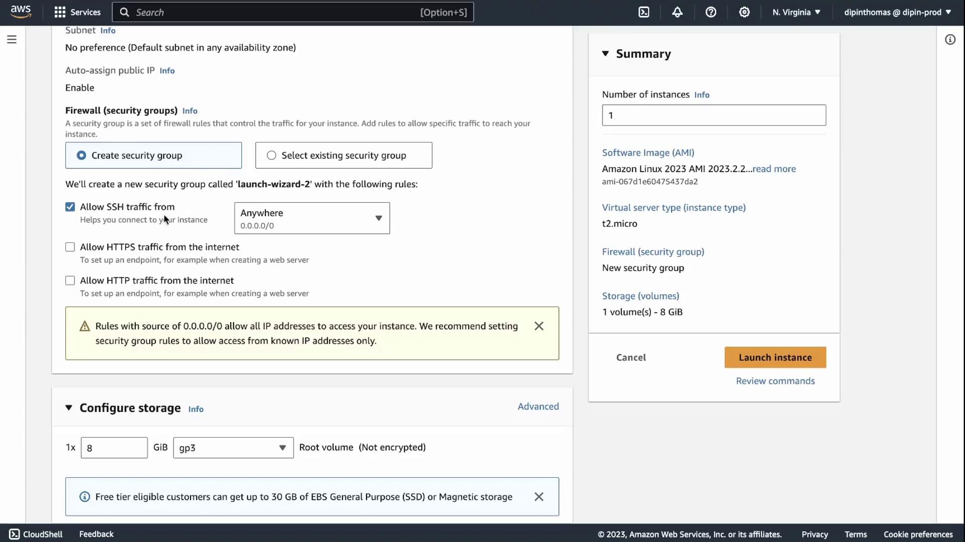 The image shows an AWS EC2 instance configuration screen, where a user is setting up security groups and storage options before launching an instance.