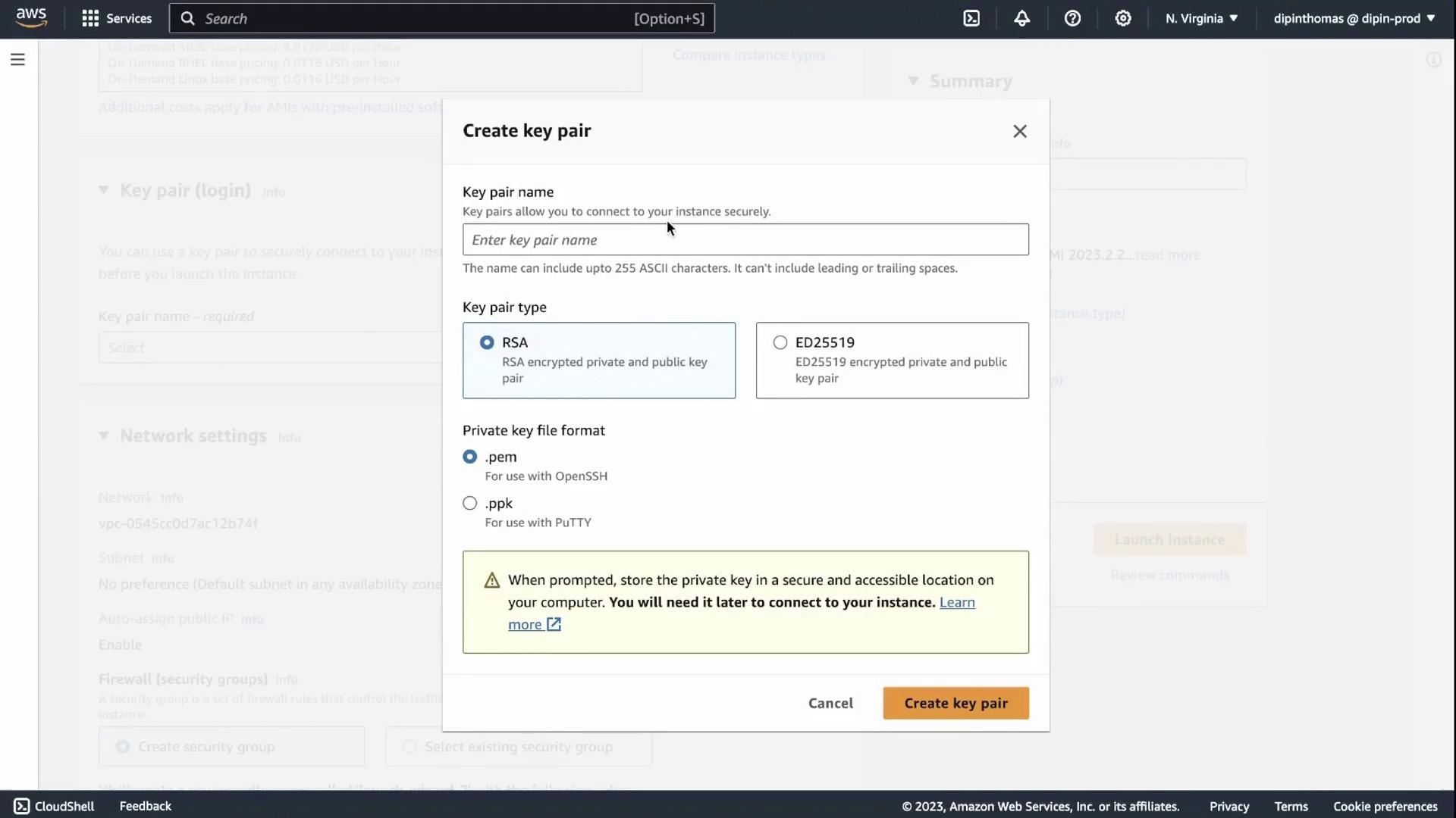The image shows a dialog box in AWS for creating a key pair, where you can enter a key pair name, select the key pair type (RSA or ED25519), and choose the private key file format (.pem or .ppk).