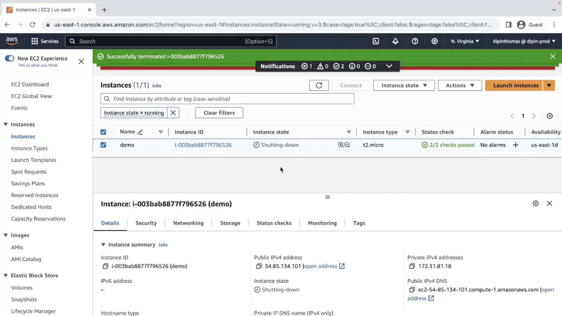 The image shows an AWS EC2 console with an instance labeled "demo" that is in the process of shutting down. The instance type is t2.micro, and it has passed its status checks.