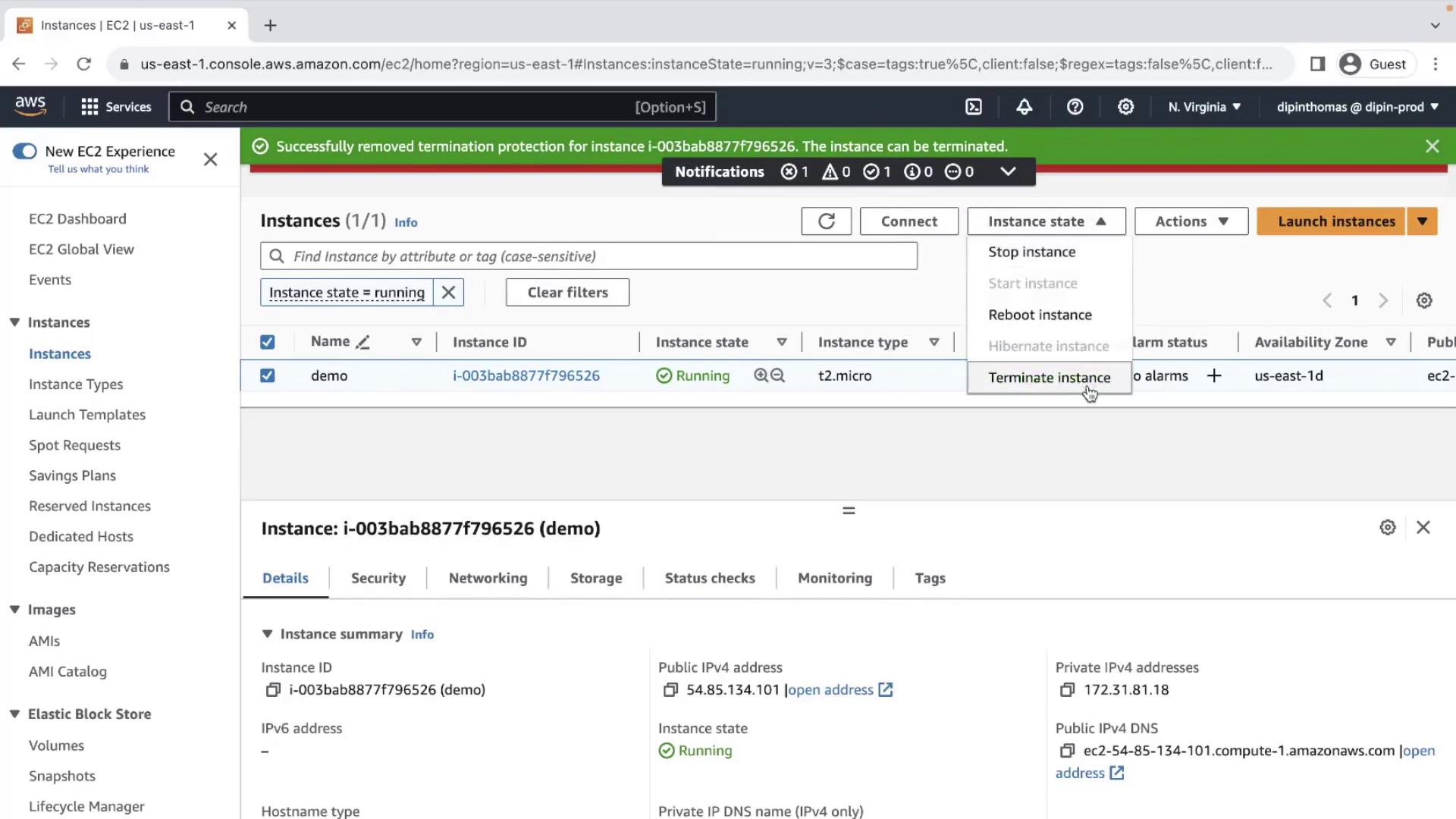 The image shows an AWS EC2 management console with a running instance named "demo." The instance is selected, and the option to terminate it is highlighted.