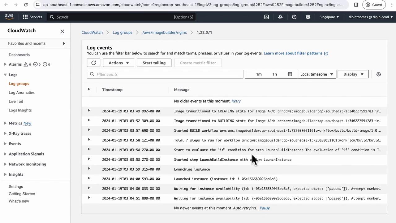 The image shows an AWS CloudWatch interface displaying log events related to an image build process, including timestamps and messages about the state transitions and instance launches.