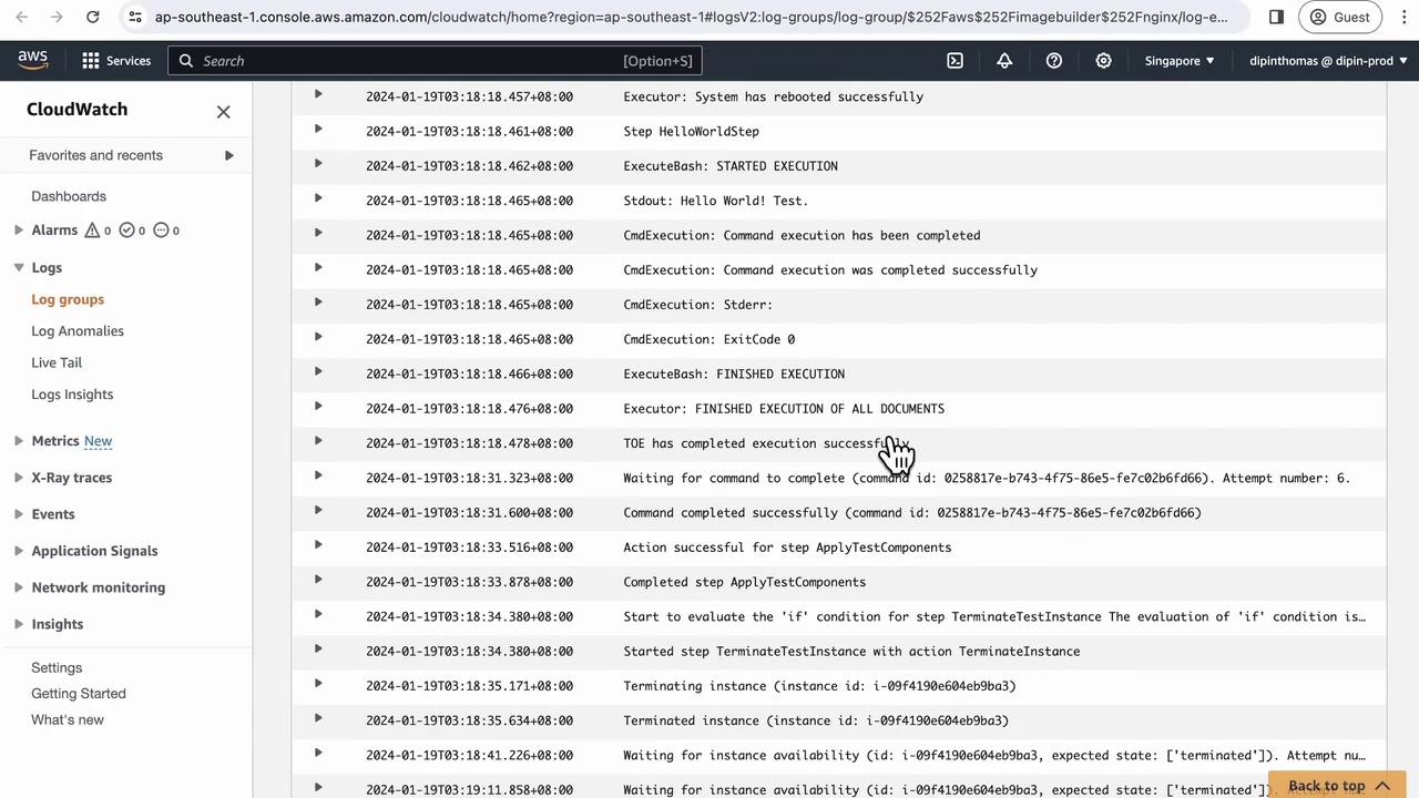 The image shows an AWS CloudWatch console displaying log entries related to system executions and command completions. The logs include timestamps and details about various execution steps and their outcomes.