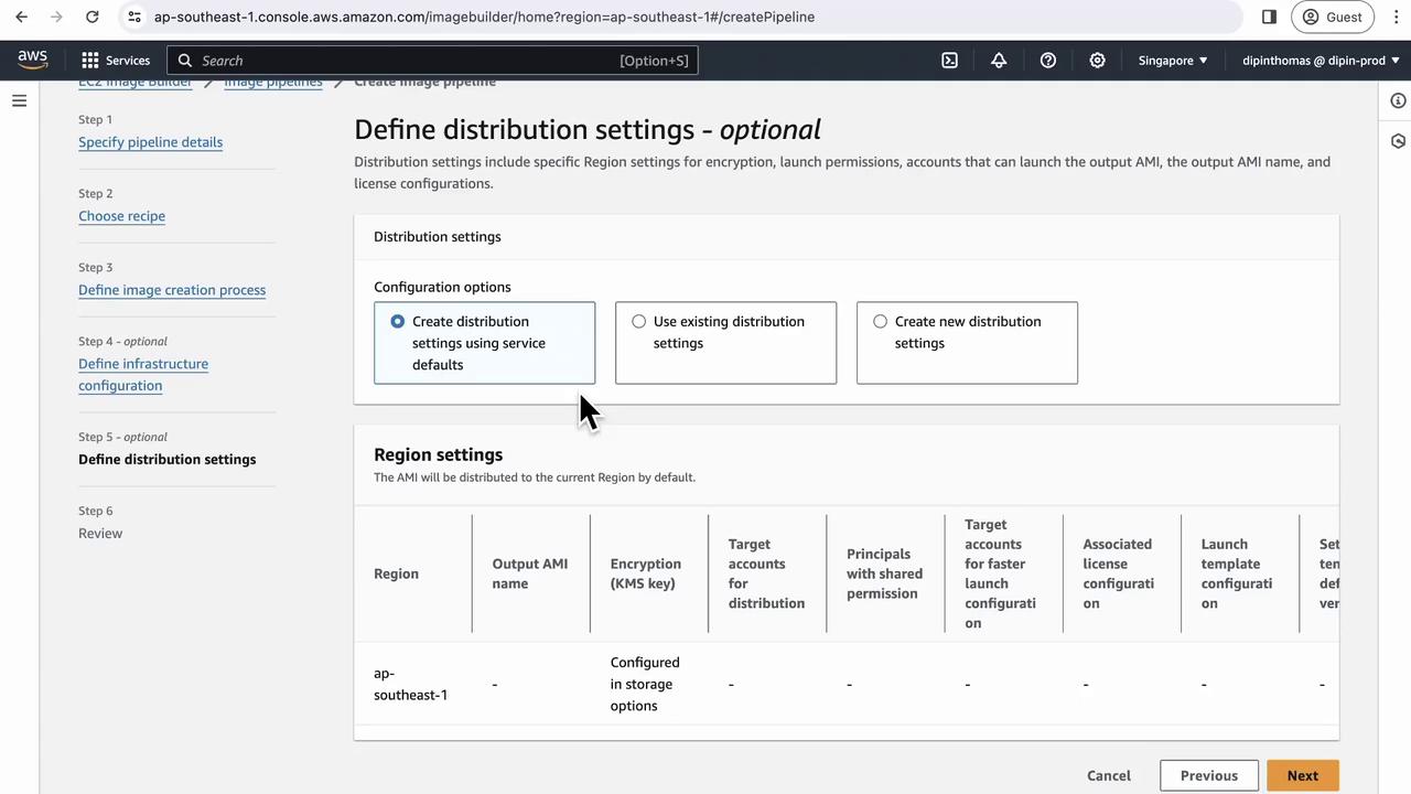 The image shows an AWS console interface for defining distribution settings in an EC2 image builder pipeline. It includes options for configuration and region settings.
