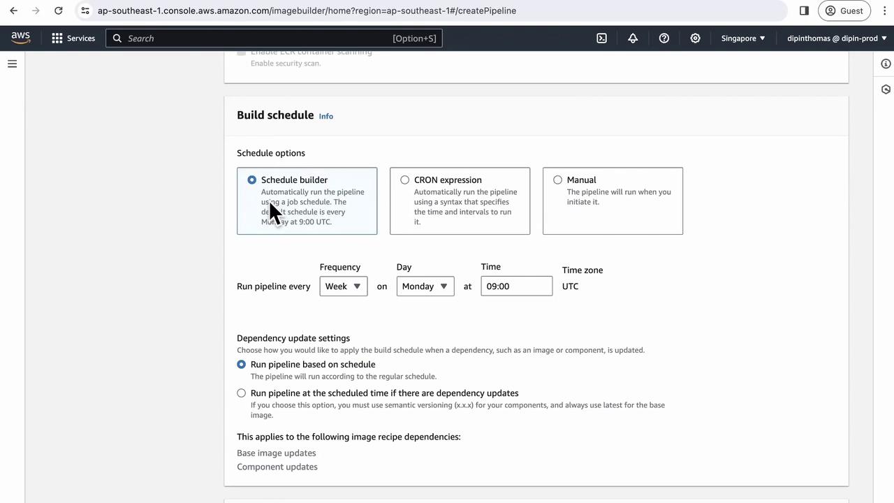 The image shows an AWS console interface for setting up a build schedule in Image Builder, with options for schedule builder, CRON expression, and manual execution. The selected schedule is set to run weekly on Mondays at 09:00 UTC.