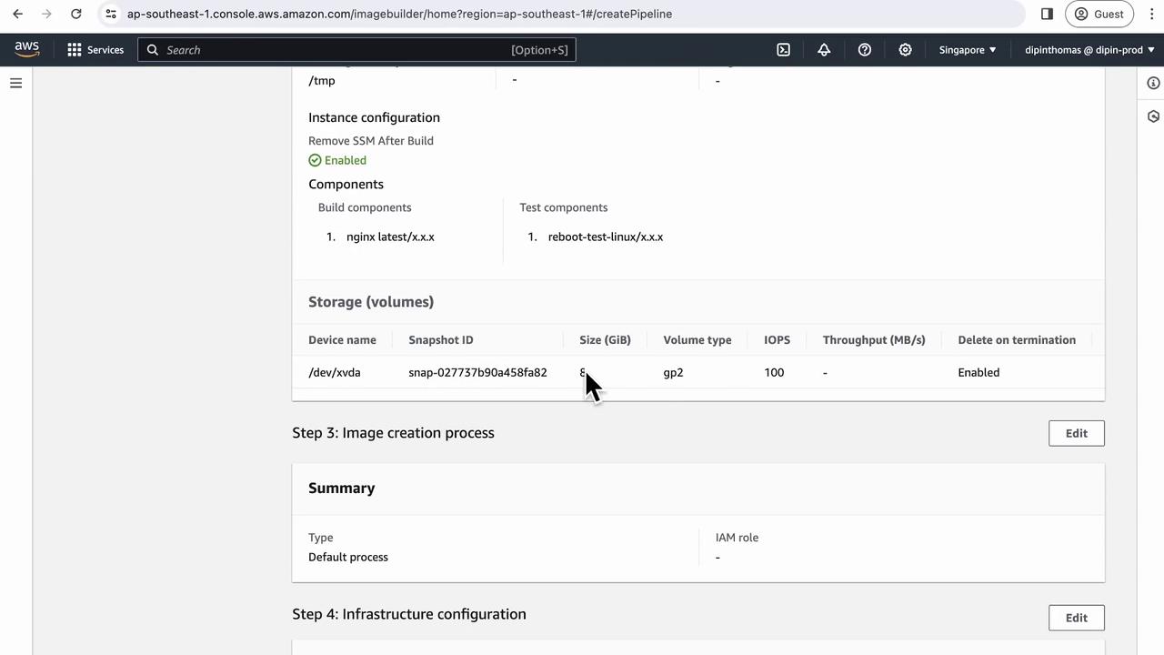 The image shows an AWS console interface for creating an image pipeline, detailing instance configuration, storage volumes, and image creation process steps.