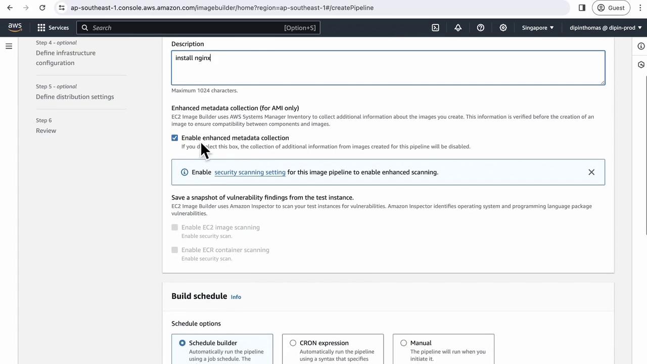 The image shows an AWS console interface for creating an image pipeline, with options for enhanced metadata collection and security scanning settings. A description field is filled with "install nginx," and there are scheduling options for the build.