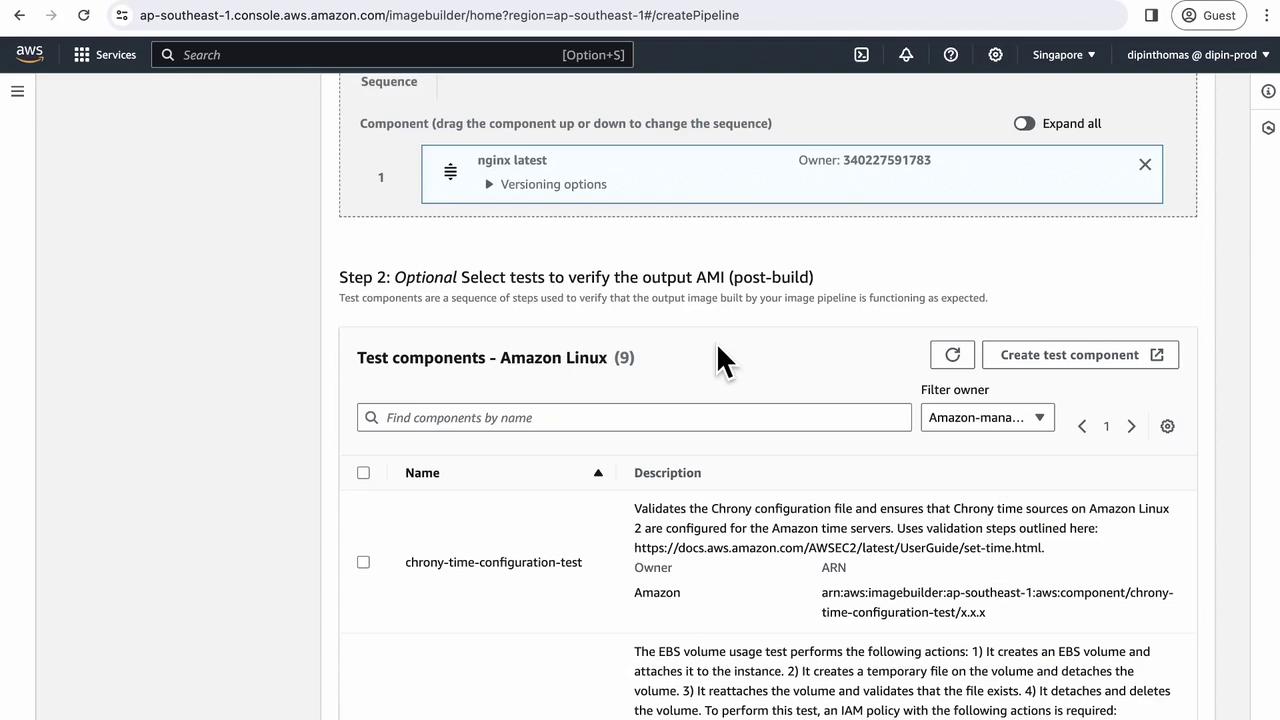 The image shows an AWS console interface for creating an image pipeline, specifically focusing on selecting test components for Amazon Linux. It includes options for verifying the output AMI and a list of test components.