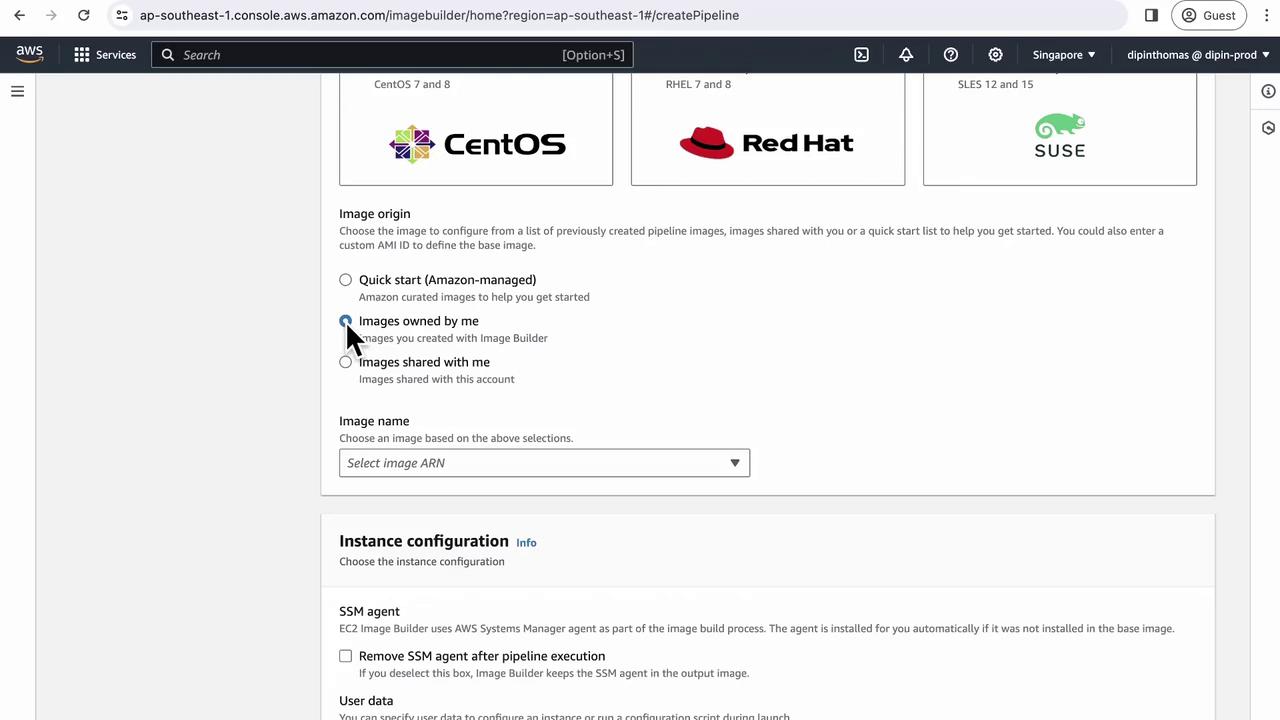 The image shows an AWS console interface for creating a pipeline, with options to select image origins like CentOS, Red Hat, and SUSE, and configuration settings for instance management.