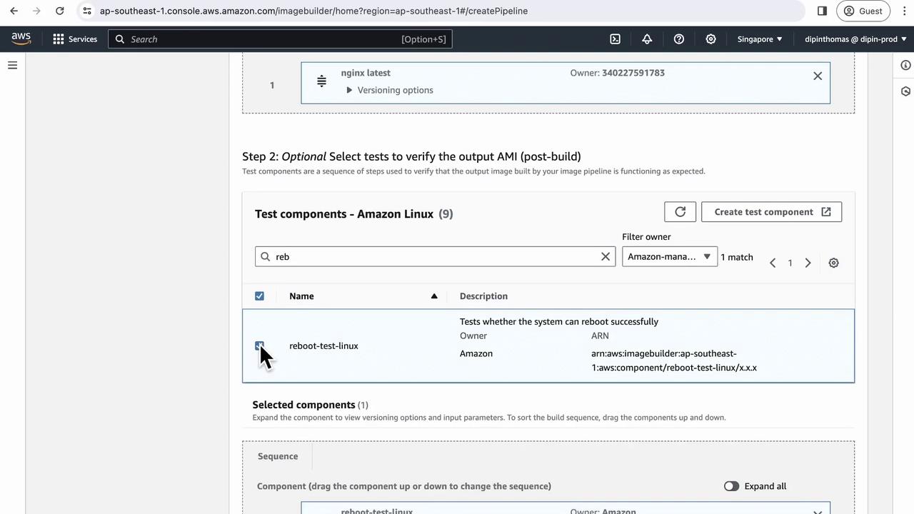 The image shows an AWS console interface for creating a pipeline, specifically selecting test components for Amazon Linux, with a focus on a "reboot-test-linux" component.
