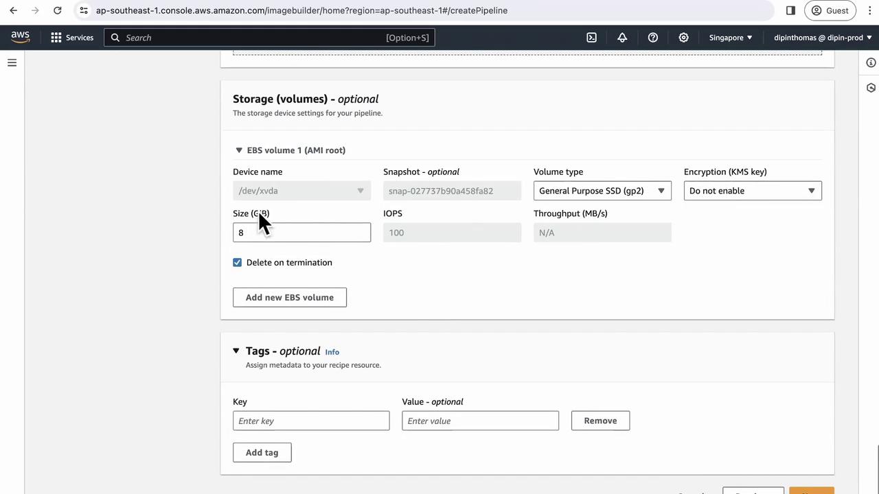 The image shows an AWS console interface for configuring storage volumes, including options for EBS volume size, type, and encryption settings. There are also fields for adding tags to the configuration.