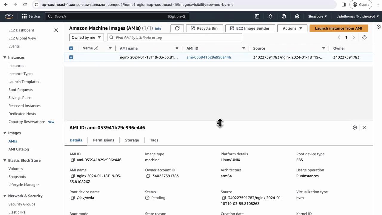 The image shows an Amazon Web Services (AWS) EC2 console displaying details of an Amazon Machine Image (AMI) with ID ami-053941b29e996e446, including its status, architecture, and platform details.