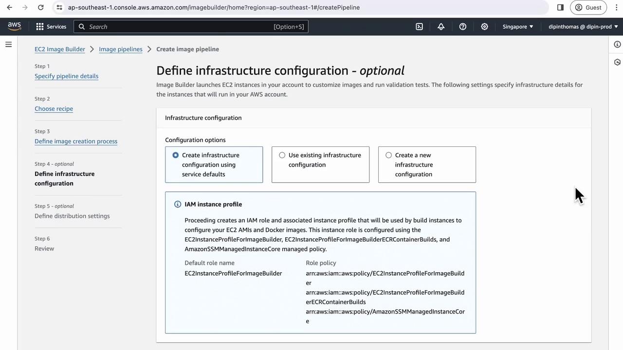 The image shows an AWS EC2 Image Builder interface for defining infrastructure configuration, with options to create or use existing configurations and details about IAM instance profiles.