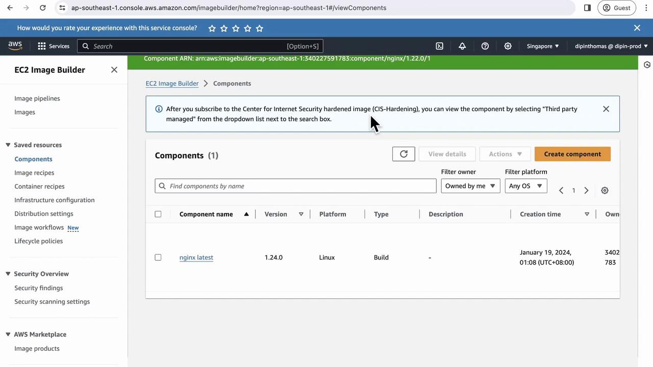 The image shows an AWS EC2 Image Builder interface displaying a list of components, with one component named "nginx latest" for Linux. There's a notification about viewing components after subscribing to a CIS-hardened image.