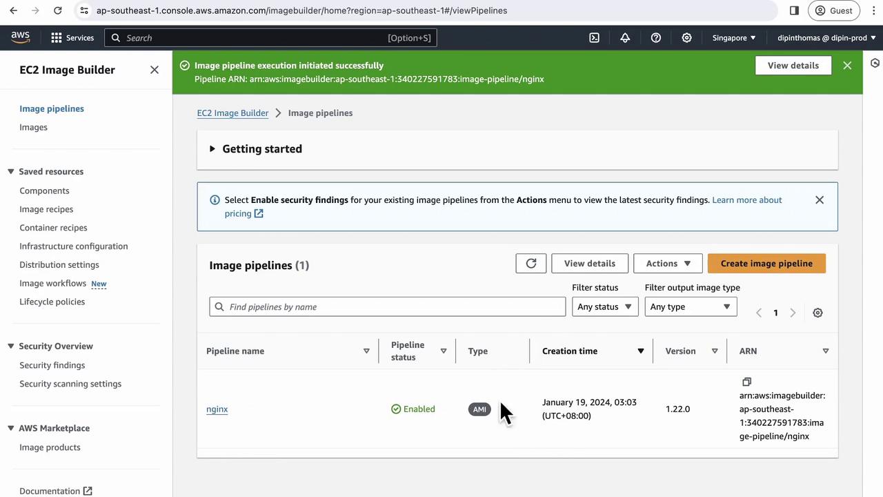 The image shows the AWS EC2 Image Builder interface with a successful image pipeline execution notification. It displays details of an image pipeline named "nginx" with its status, type, creation time, version, and ARN.