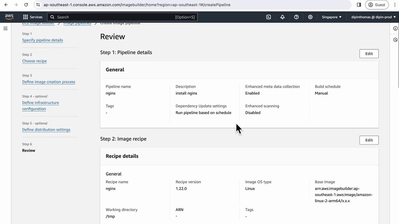 The image shows an AWS EC2 Image Builder interface reviewing pipeline details for creating an image pipeline named "nginx," with settings for metadata collection and scanning.