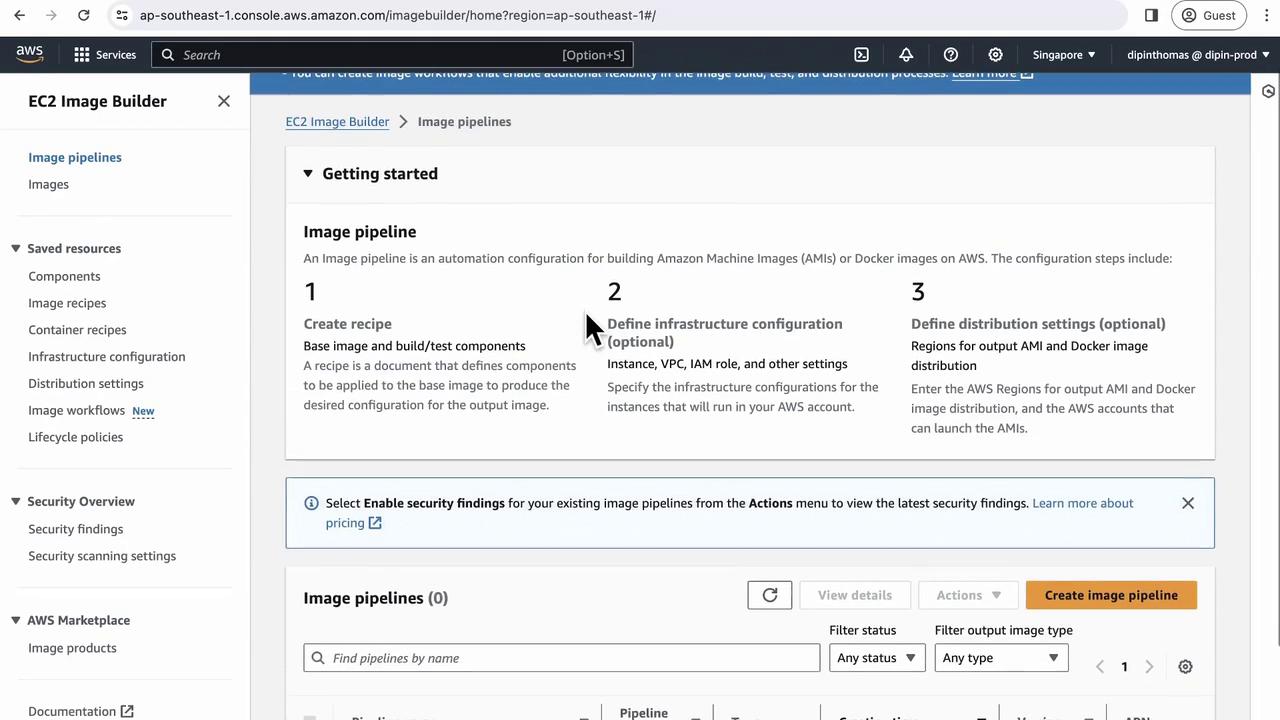 The image shows the AWS EC2 Image Builder interface, detailing steps for creating an image pipeline, including creating a recipe, defining infrastructure configuration, and setting distribution options.