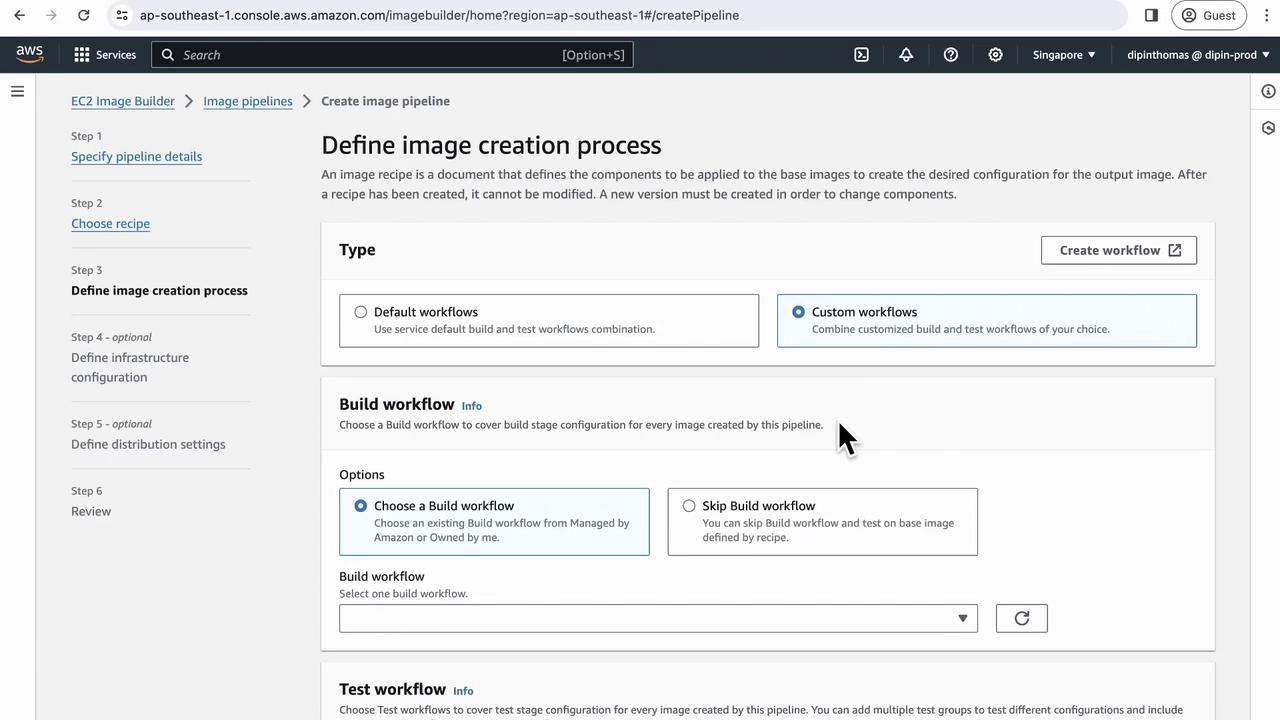 The image shows an AWS EC2 Image Builder interface where a user is defining an image creation process, with options for selecting default or custom workflows.