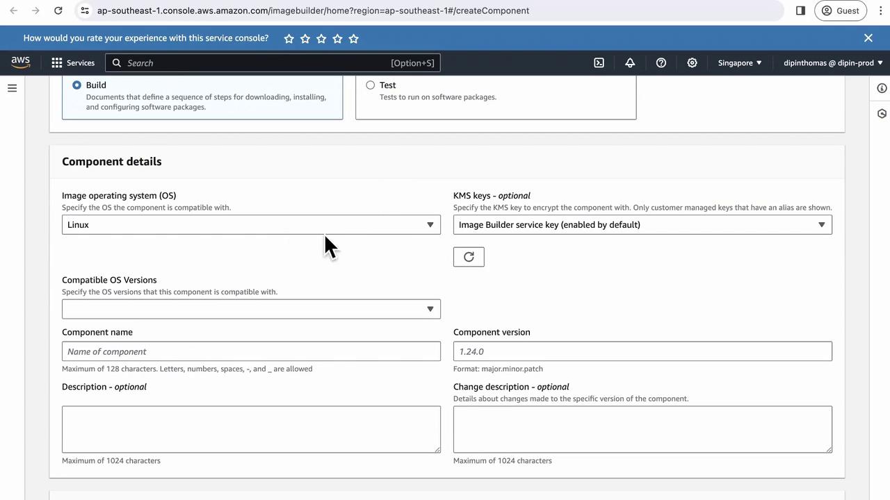 The image shows an AWS Image Builder console screen where a user is configuring component details, including selecting the operating system as Linux and specifying component version and name.