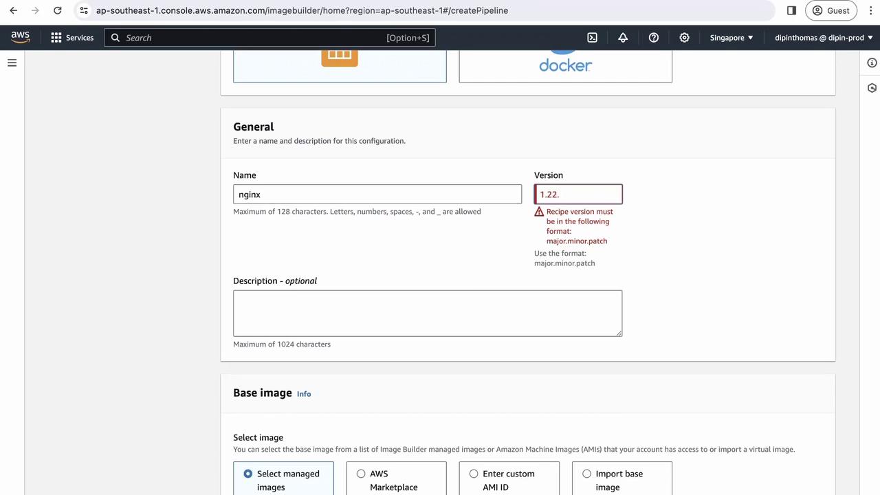 The image shows an AWS Image Builder configuration screen where a user is setting up a pipeline with the name "nginx" and version "1.22," but there's an error indicating the version format is incorrect.