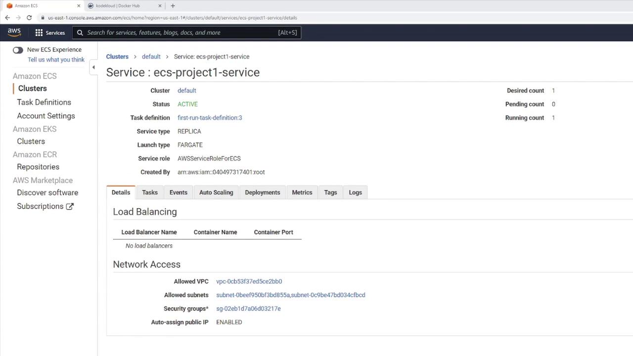 The image shows an Amazon ECS service details page for "ecs-project1-service," indicating its status as active with one running task. It includes information about load balancing and network access settings.