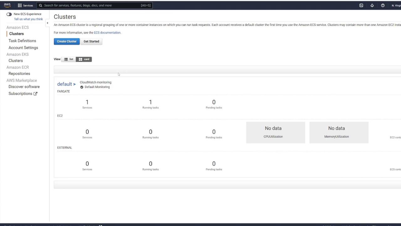 The image shows an AWS ECS Clusters dashboard with details about services, running tasks, and monitoring data for Fargate and EC2 instances. It indicates one running task under Fargate and no data for CPU and memory utilization.