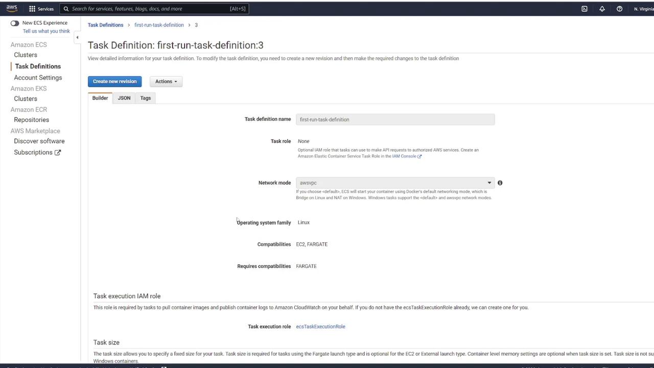 The image shows an AWS ECS Task Definition page, detailing settings such as task definition name, network mode, operating system family, and task execution IAM role.