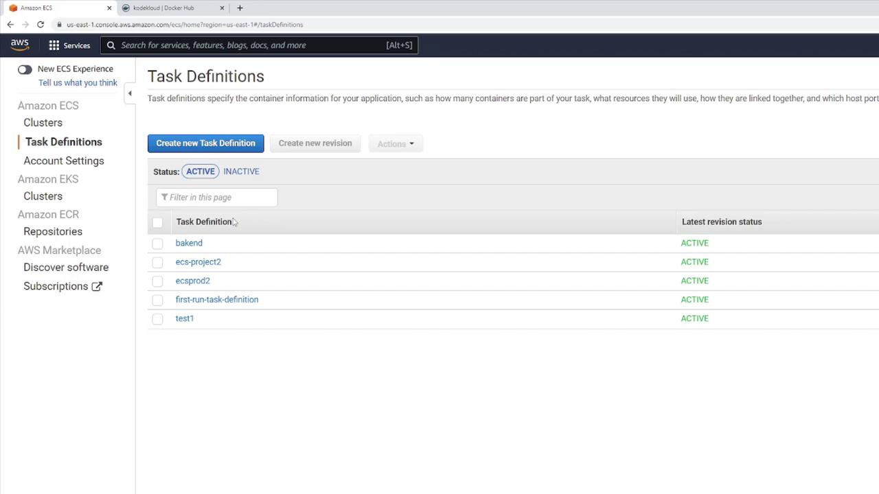 The image shows the AWS ECS console displaying a list of task definitions, all with an "ACTIVE" status. The interface includes options to create a new task definition or revision.