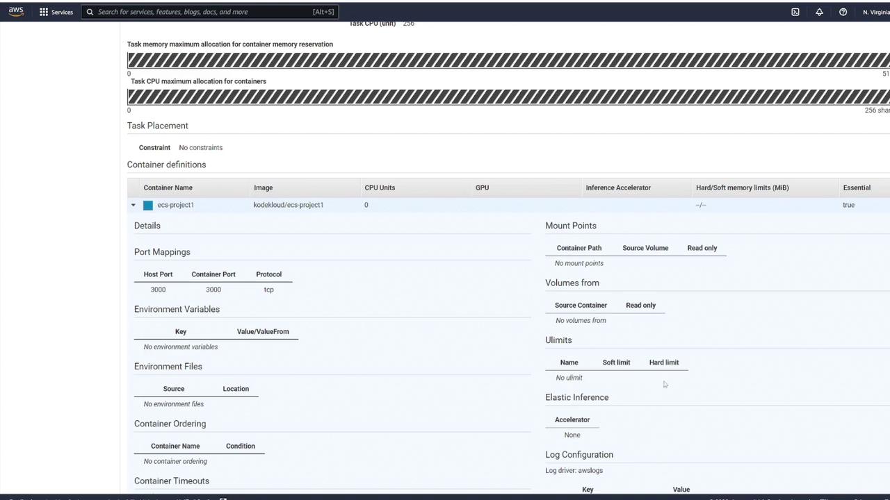 The image shows an AWS management console interface displaying container definitions for a task, including details like port mappings, environment variables, and resource limits.