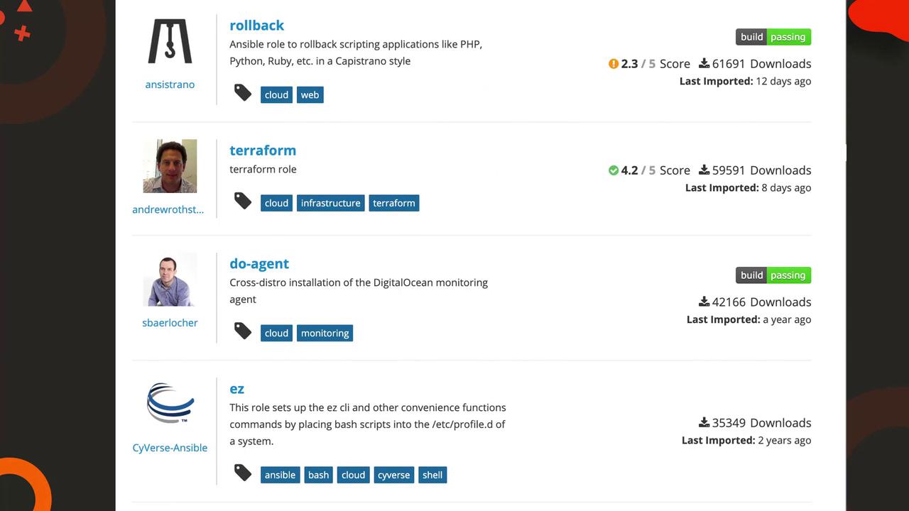 The image shows a list of Ansible roles with names, descriptions, tags, scores, download counts, and import dates.