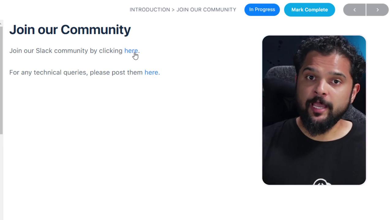 The image shows a webpage inviting users to join a Slack community, with clickable links for joining and technical queries, alongside a video thumbnail of a person speaking.