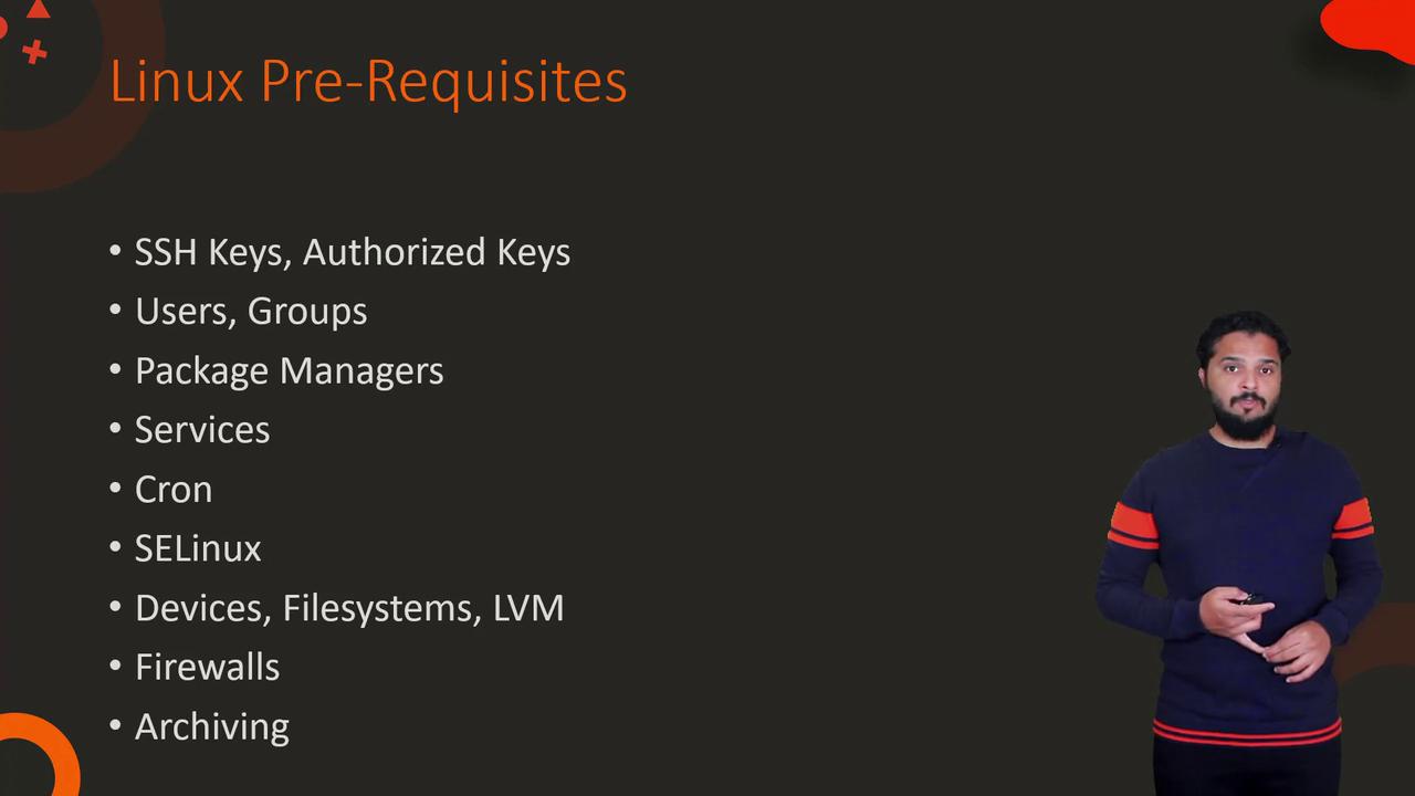 The image shows a presentation slide titled "Linux Pre-Requisites" with a list of topics like SSH Keys, Users, Package Managers, and more, alongside a person standing.