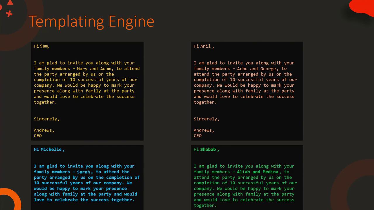 The image shows a "Templating Engine" with personalized invitation letters for a company event, addressed to different individuals and their family members.