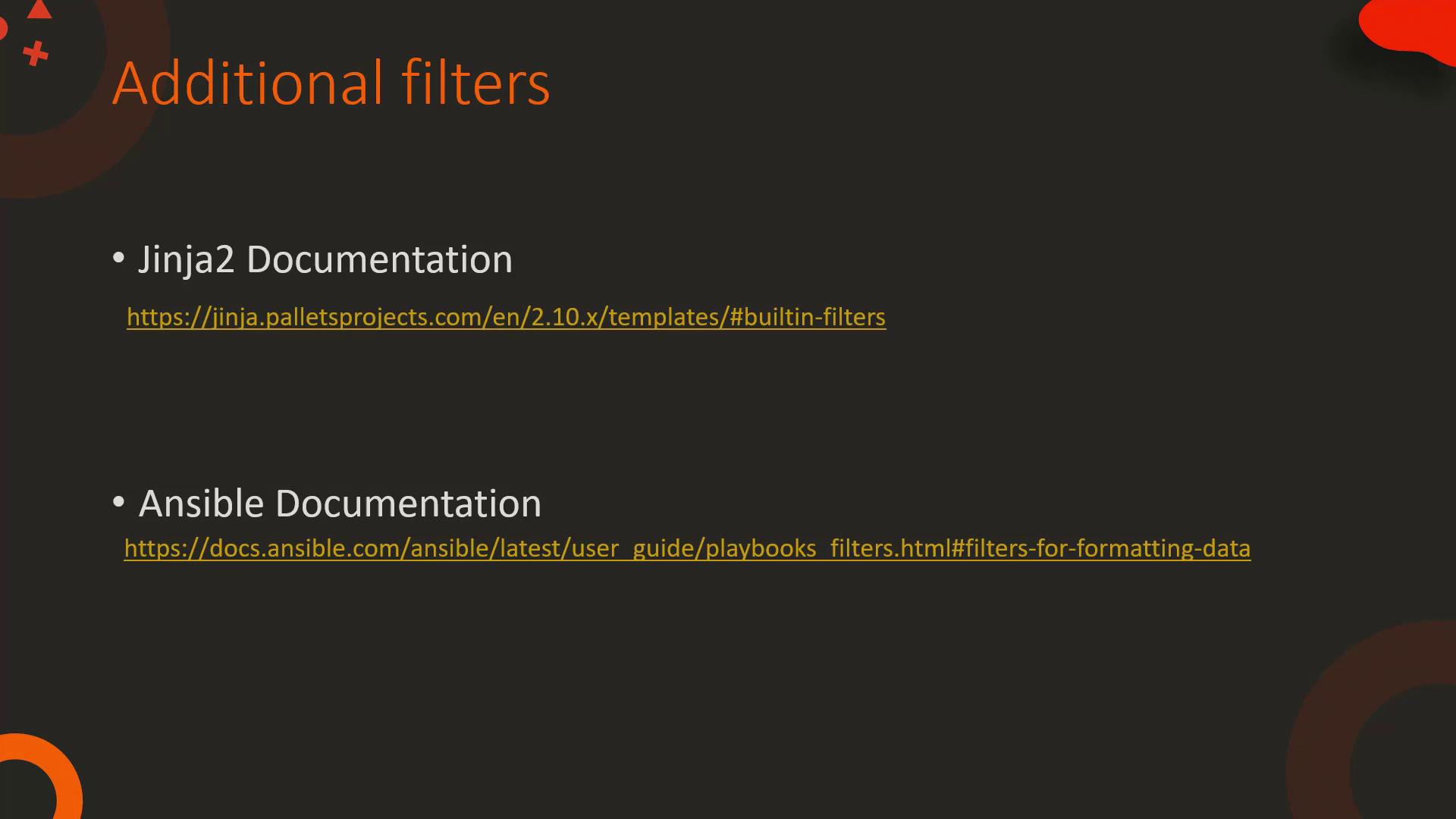 The image lists links to Jinja2 and Ansible documentation for additional filters, with URLs provided for each.